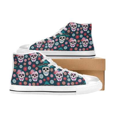 Sugar Skull Print Design LKS308 High Top Women's White Shoes