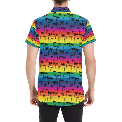 Palm Tree Rainbow Themed Print Men's Short Sleeve Button Up Shirt