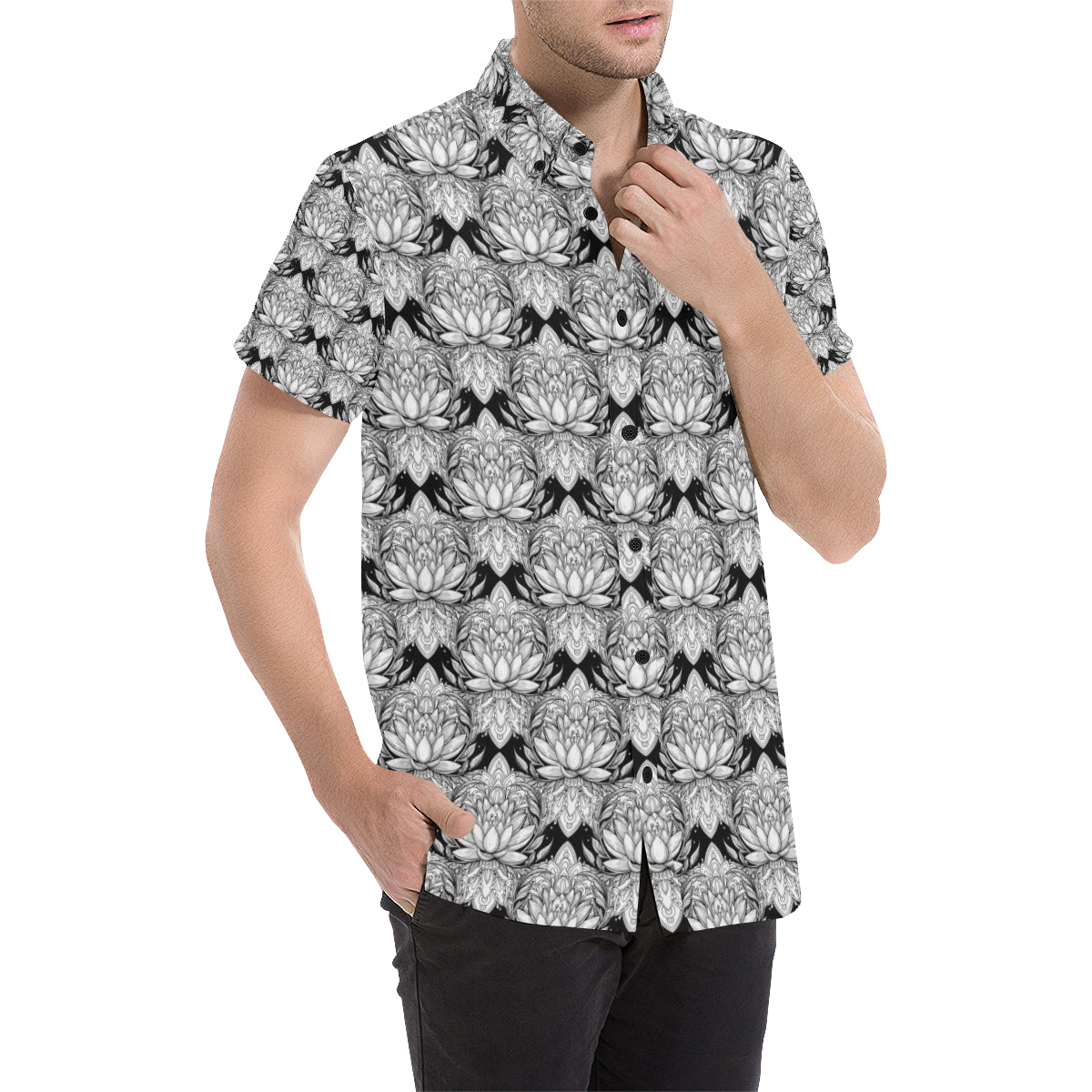 Lotus Mandala Print Pattern Men's Short Sleeve Button Up Shirt