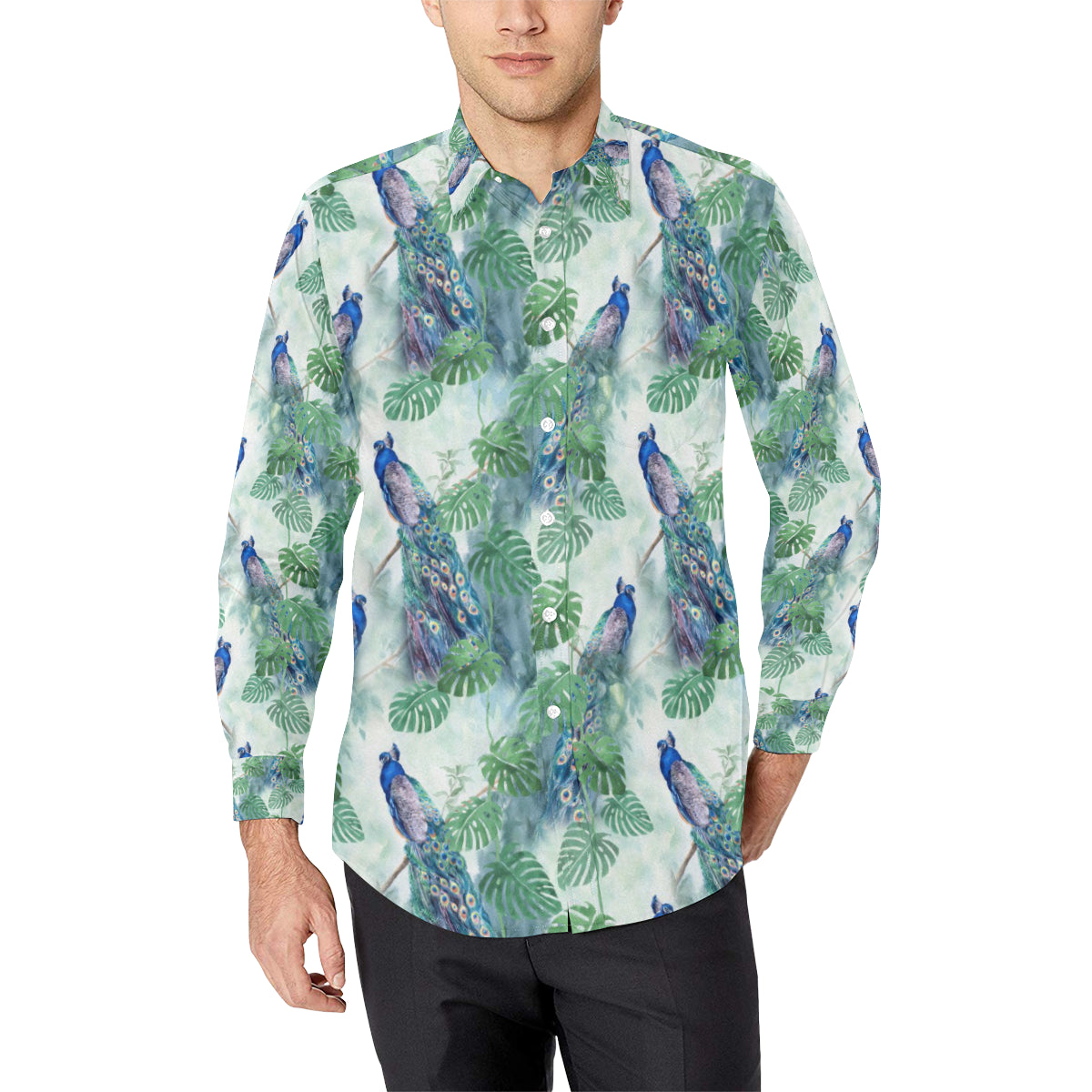 Peacock Pattern Print Design A02 Men's Long Sleeve Shirt
