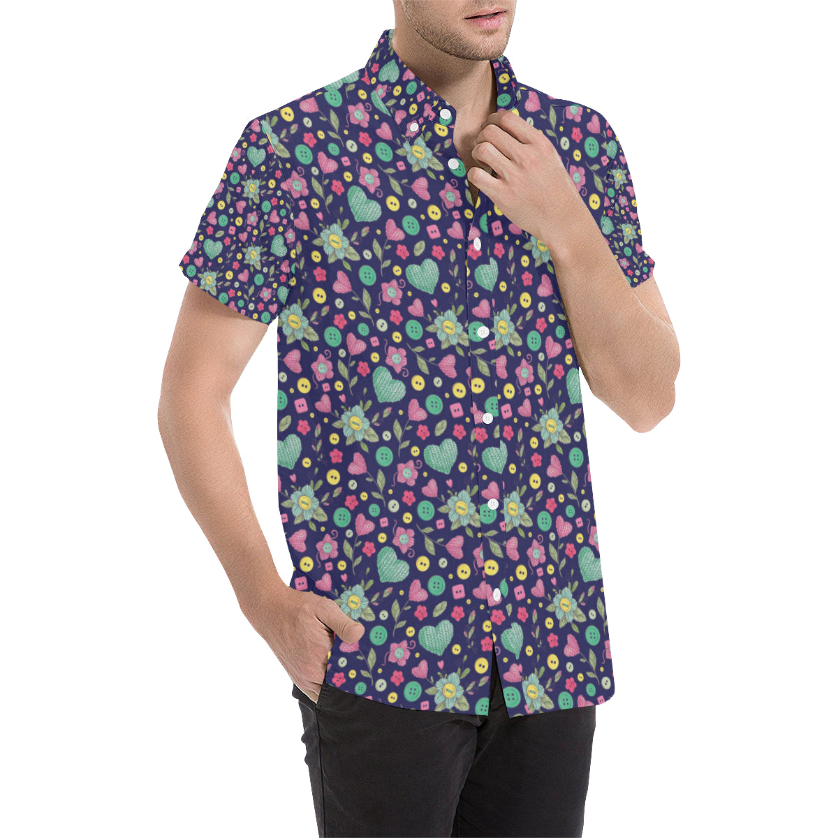 Crochet Pattern Print Design 02 Men's Short Sleeve Button Up Shirt