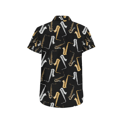 Saxophone Pattern Print Design 01 Men's Short Sleeve Button Up Shirt