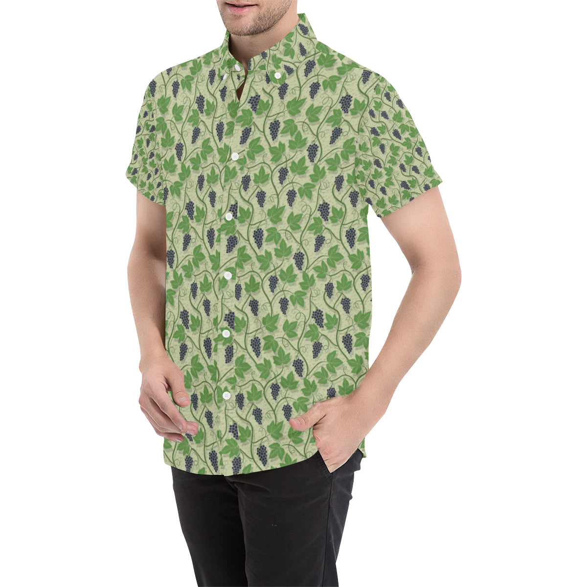 Wine Grape Thmed Print Men's Short Sleeve Button Up Shirt