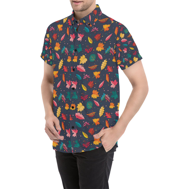 Elm Leave Colorful Print Pattern Men's Short Sleeve Button Up Shirt