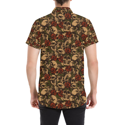 Skull Roses Vintage Design Themed Print Men's Short Sleeve Button Up Shirt