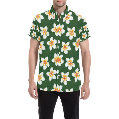 White Plumeria Pattern Print Design PM020 Men's Short Sleeve Button Up Shirt