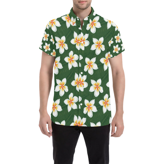 White Plumeria Pattern Print Design PM020 Men's Short Sleeve Button Up Shirt