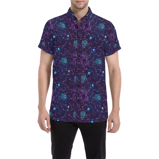 Zodiac Galaxy Design Print Men's Short Sleeve Button Up Shirt