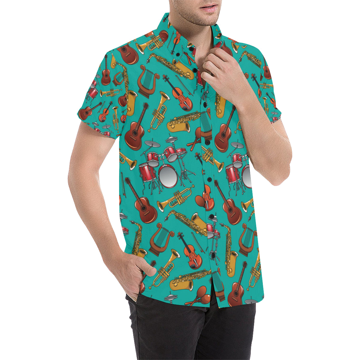 Drum Set Pattern Print Design 01 Men's Short Sleeve Button Up Shirt