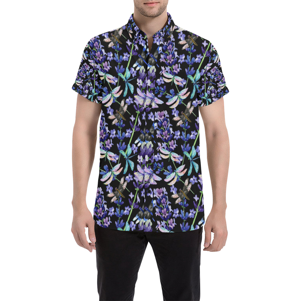 Lavender Dragonfly Pattern Print Design LV03 Men's Short Sleeve Button Up Shirt