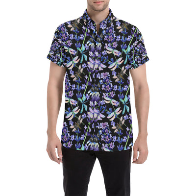 Lavender Dragonfly Pattern Print Design LV03 Men's Short Sleeve Button Up Shirt