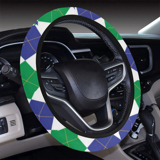 Argyle Green Blue Pattern Print Design 03 Steering Wheel Cover with Elastic Edge