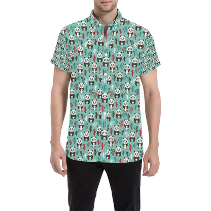 Panda Bear Cute Themed Print Men's Short Sleeve Button Up Shirt