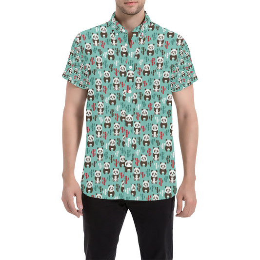 Panda Bear Cute Themed Print Men's Short Sleeve Button Up Shirt