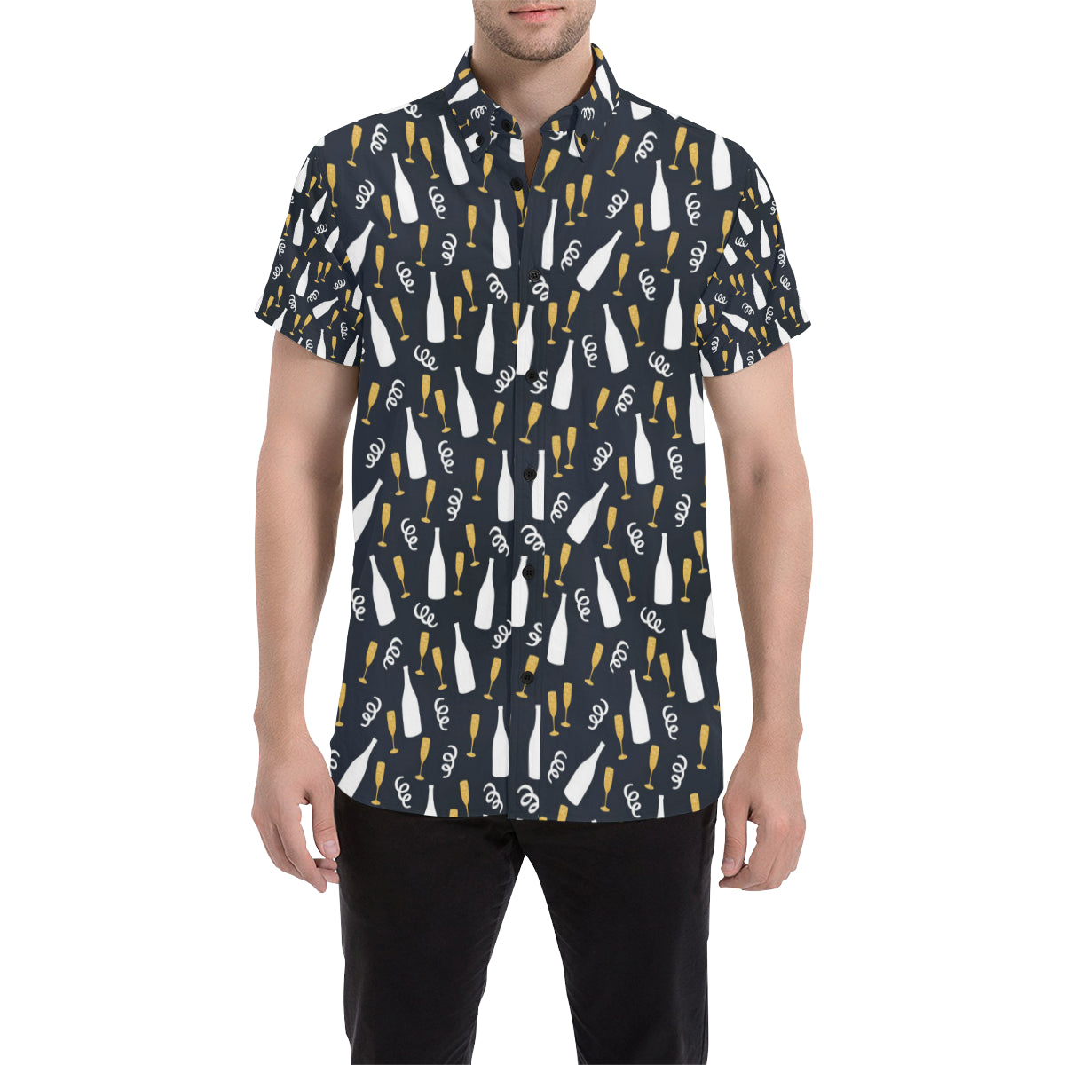 Champagne Pattern Print Design 01 Men's Short Sleeve Button Up Shirt