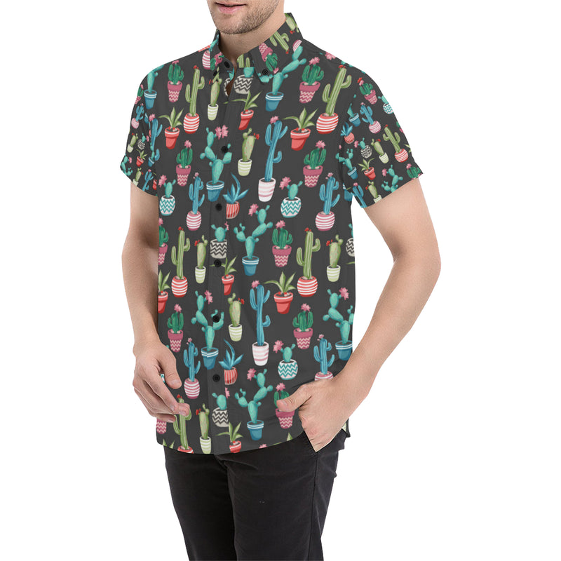 Cactus Pattern Print Design 02 Men's Short Sleeve Button Up Shirt