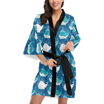 Blue Whale Pattern Print Design 01 Women's Short Kimono