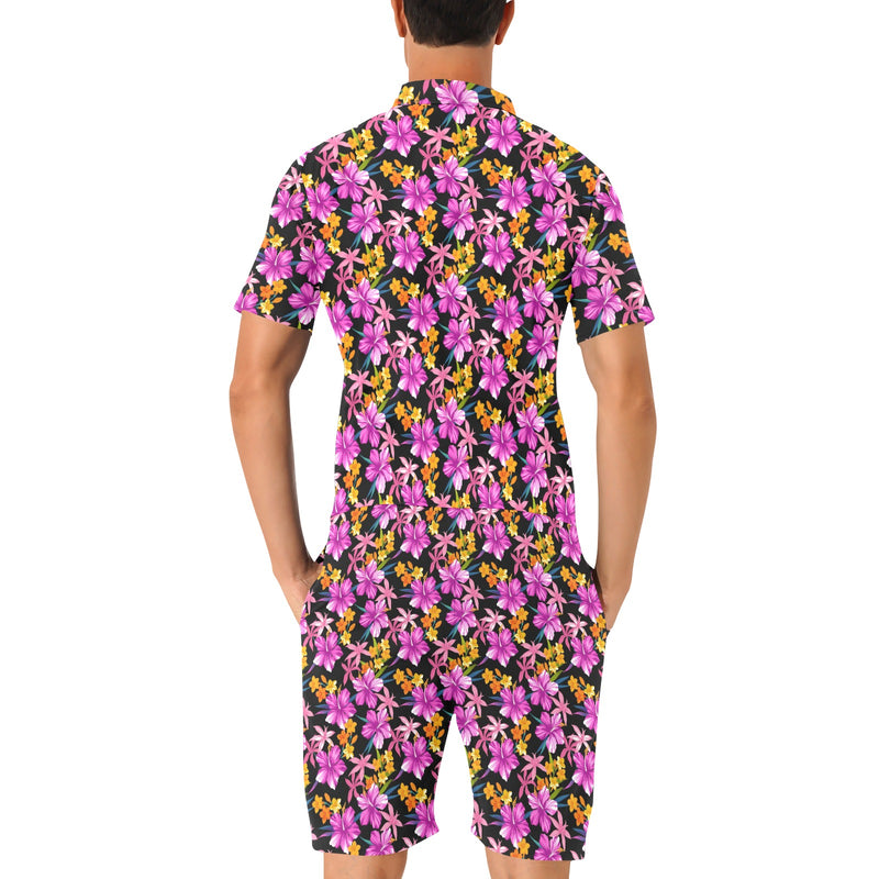 Tropical Folower Pink Hibiscus Print Men's Romper