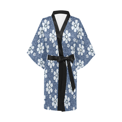 Jean Flower Pattern Print Design 03 Women's Short Kimono