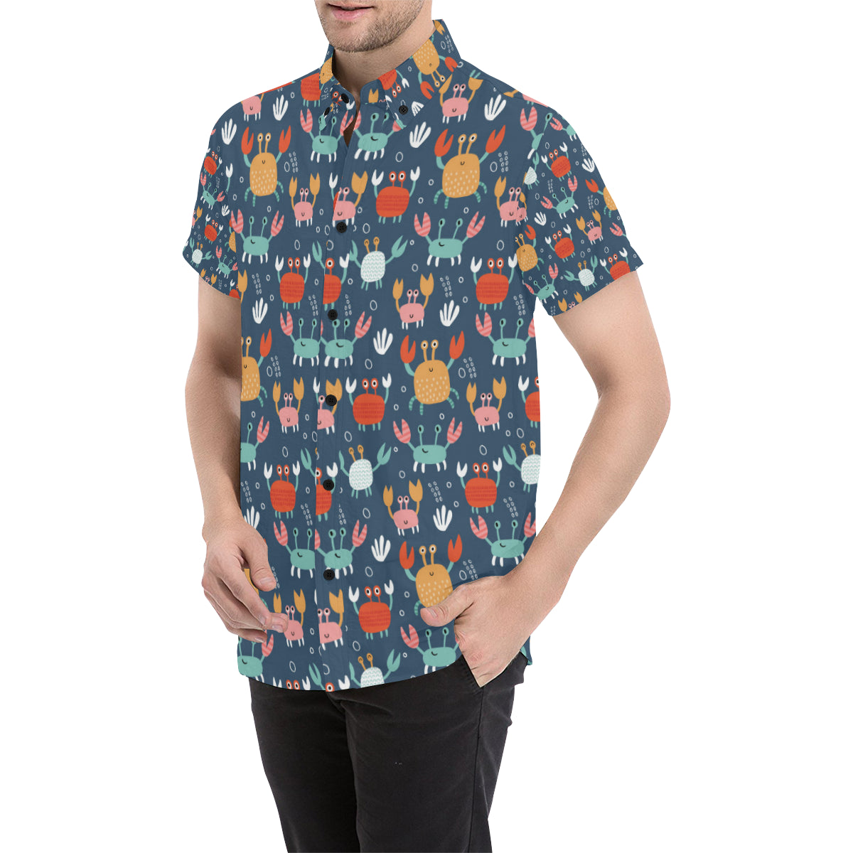 Crab Pattern Print Design 05 Men's Short Sleeve Button Up Shirt