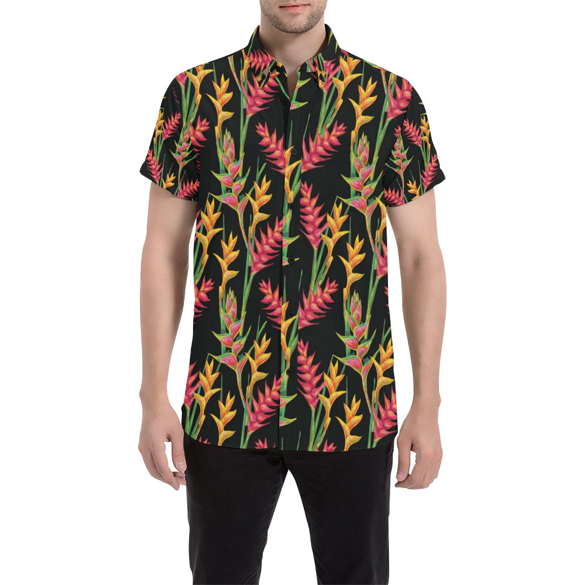 Heliconia Pattern Print Design HL01 Men's Short Sleeve Button Up Shirt