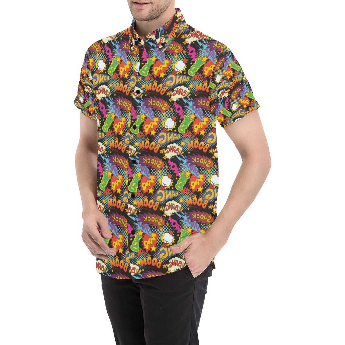 Comic Book Pattern Print Design 01 Men's Short Sleeve Button Up Shirt