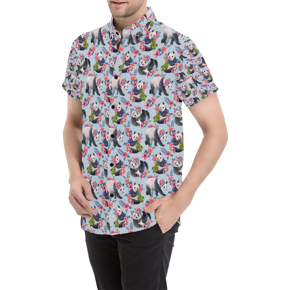 Panda Bear Flower Design Themed Print Men's Short Sleeve Button Up Shirt