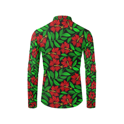 Red Hibiscus Embroidered Pattern Print Design HB03 Men's Long Sleeve Shirt