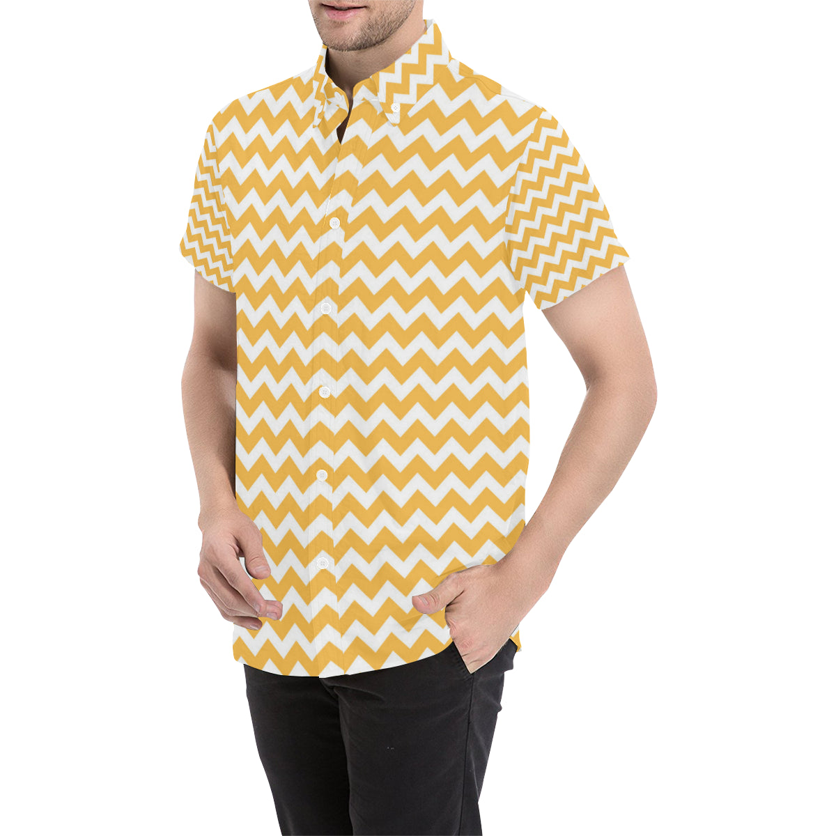 Chevron Orange Pattern Print Design 01 Men's Short Sleeve Button Up Shirt