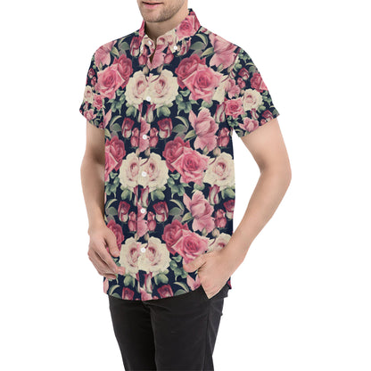 Rose Pattern Print Design RO05 Men's Short Sleeve Button Up Shirt
