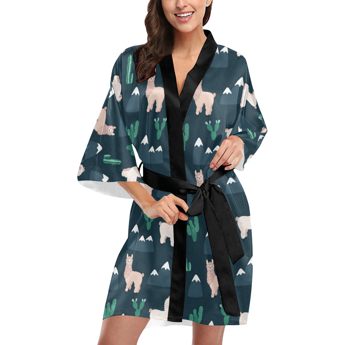 Llama Pattern Print Design 06 Women's Short Kimono