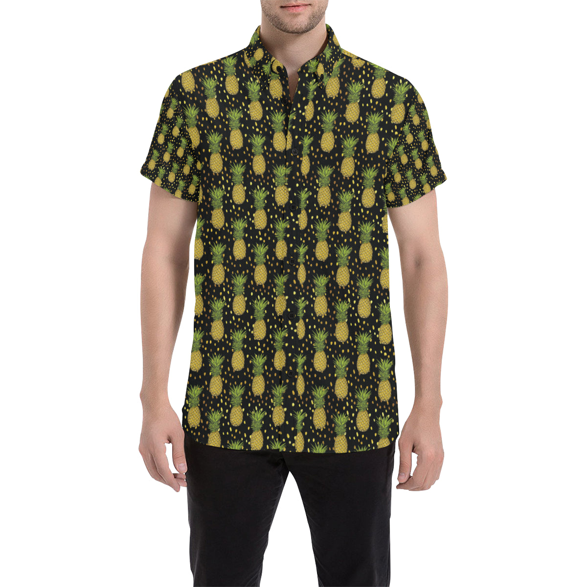 Pineapple Gold Dot Themed Print Men's Short Sleeve Button Up Shirt