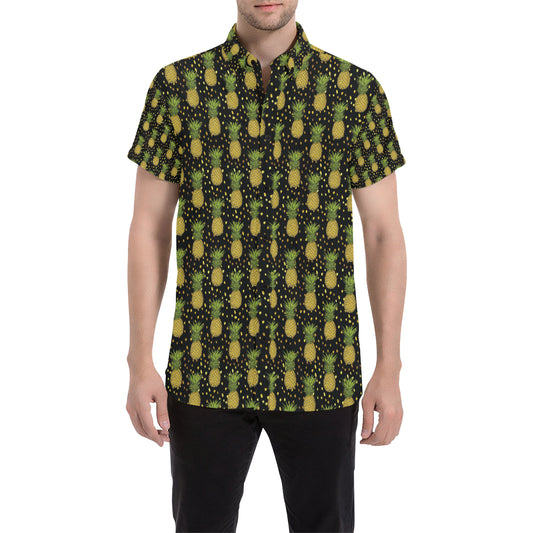 Pineapple Gold Dot Themed Print Men's Short Sleeve Button Up Shirt