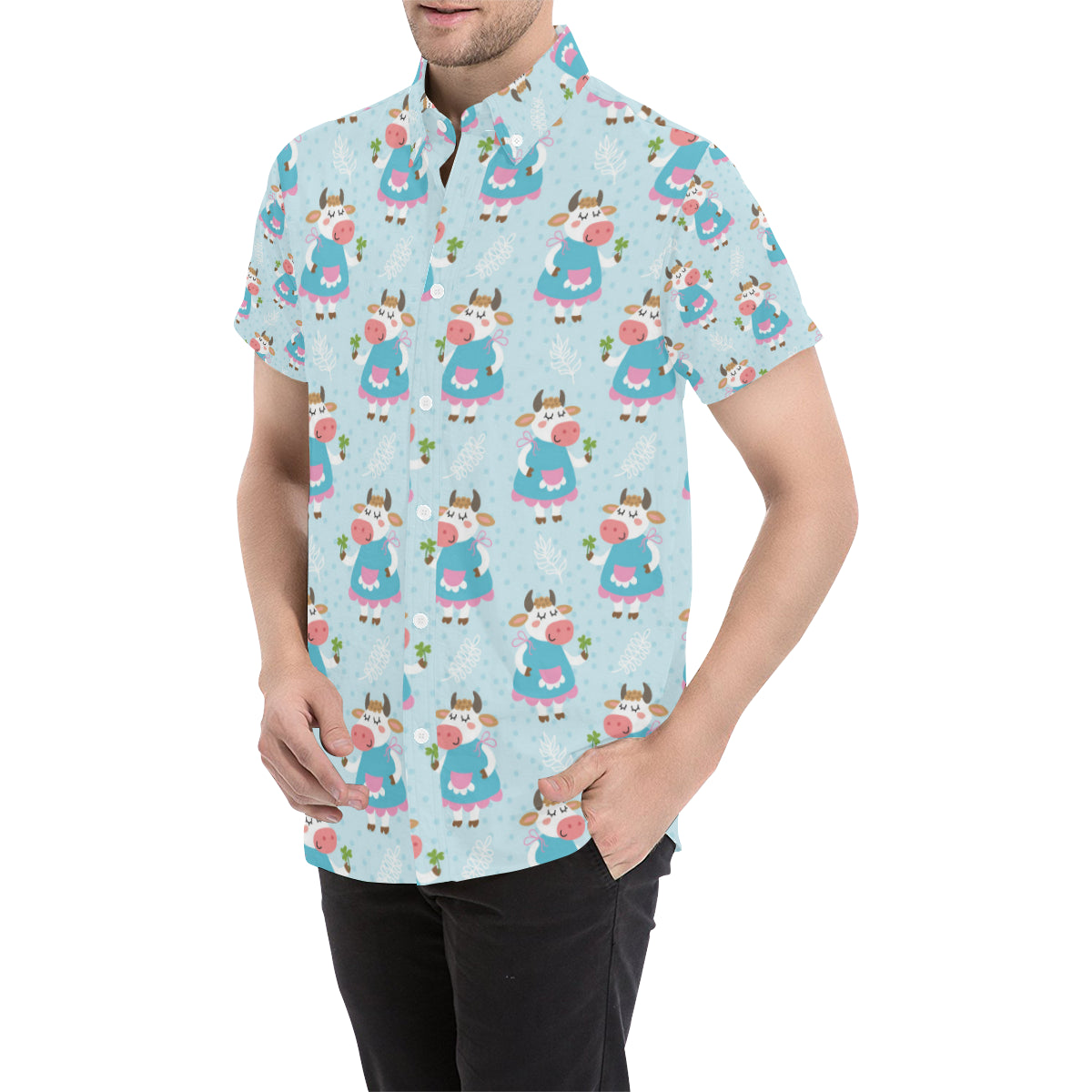 Cattle Happy Pattern Print Design 03 Men's Short Sleeve Button Up Shirt