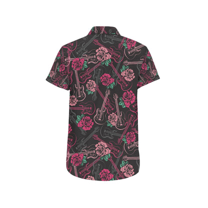 Bass Guitar Pink Rose Pattern Print Design 01 Men's Short Sleeve Button Up Shirt