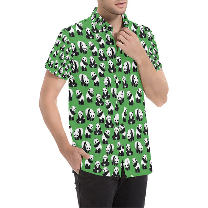 Panda Bear Pattern Themed Print Men's Short Sleeve Button Up Shirt