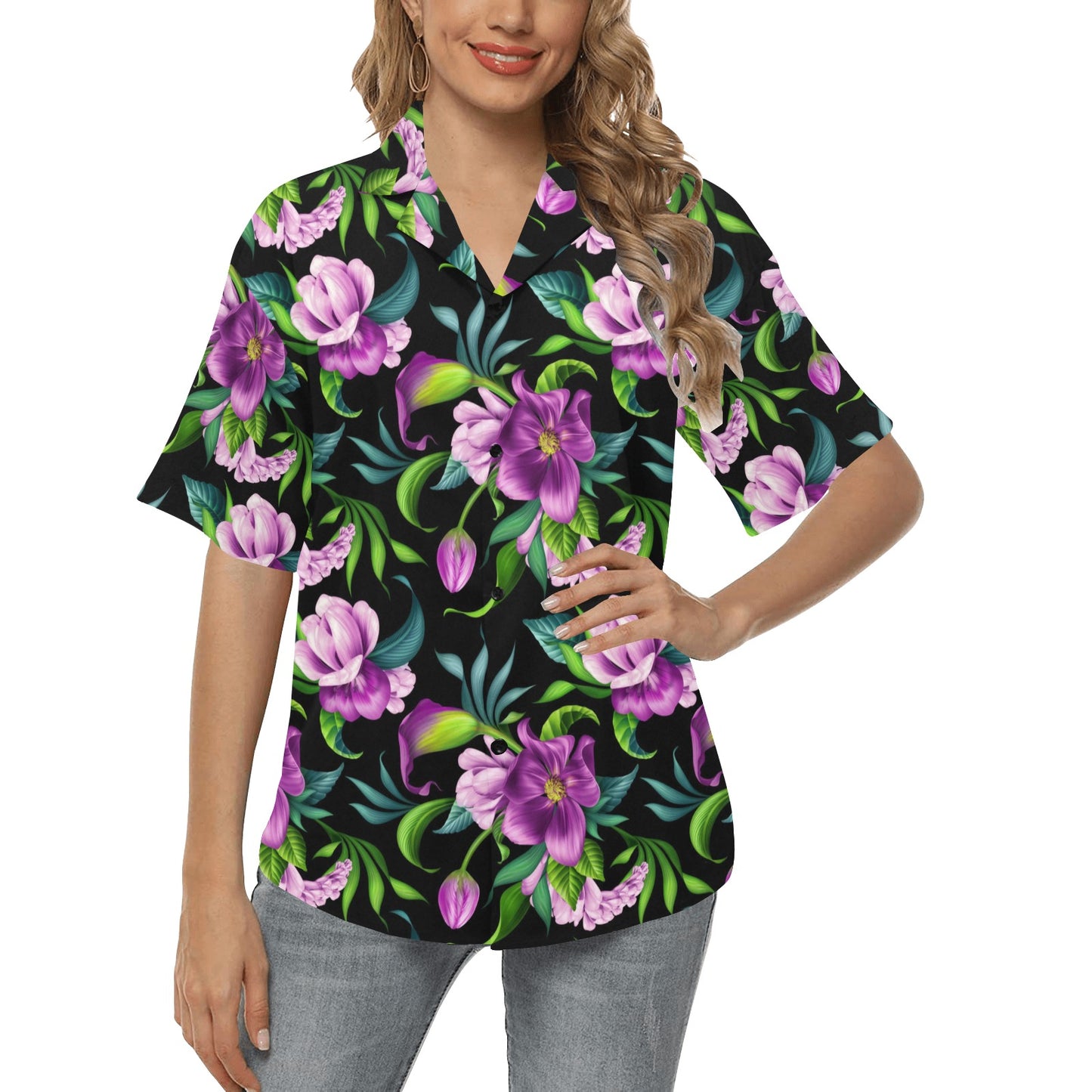 Bright Purple Floral Pattern Women's Hawaiian Shirt