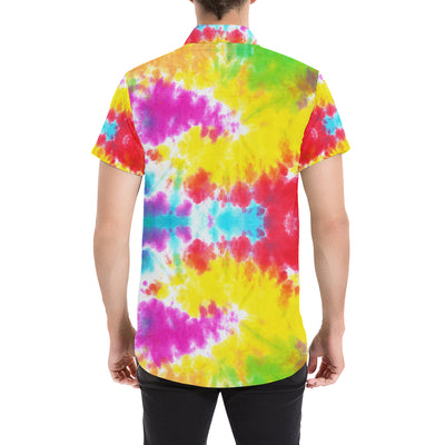 Tie Dye Rainbow Themed Print Men's Short Sleeve Button Up Shirt