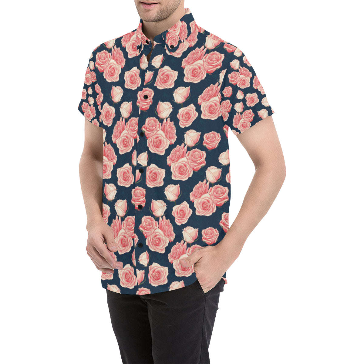 Rose Pattern Print Design A03 Men's Short Sleeve Button Up Shirt