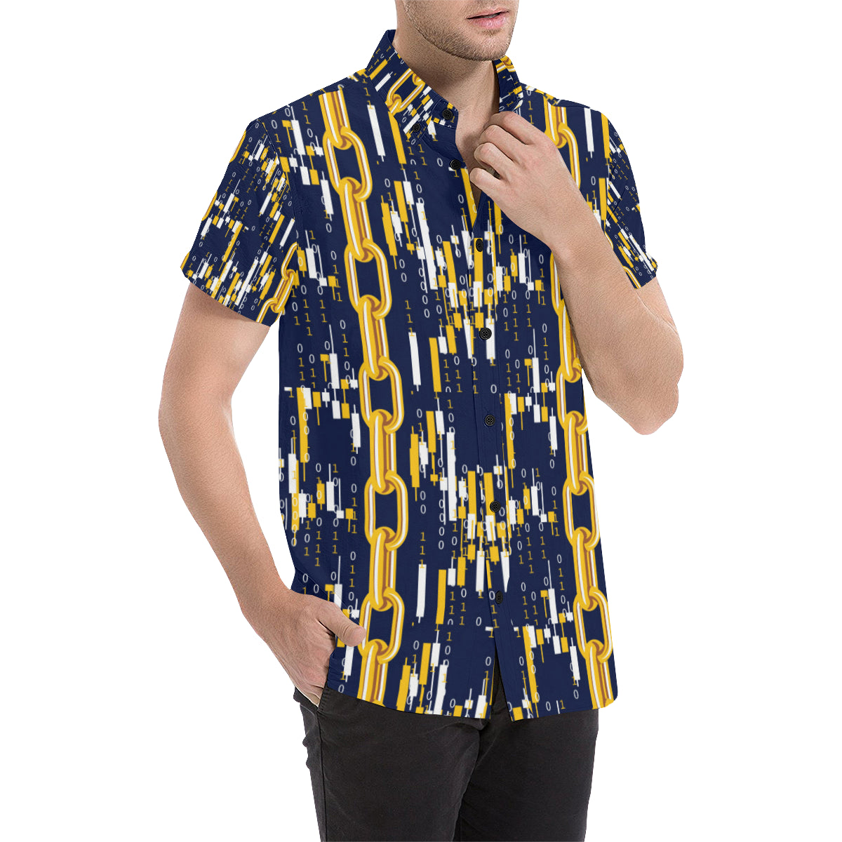 Cryptocurrency Chain Pattern Print Design 03 Men's Short Sleeve Button Up Shirt
