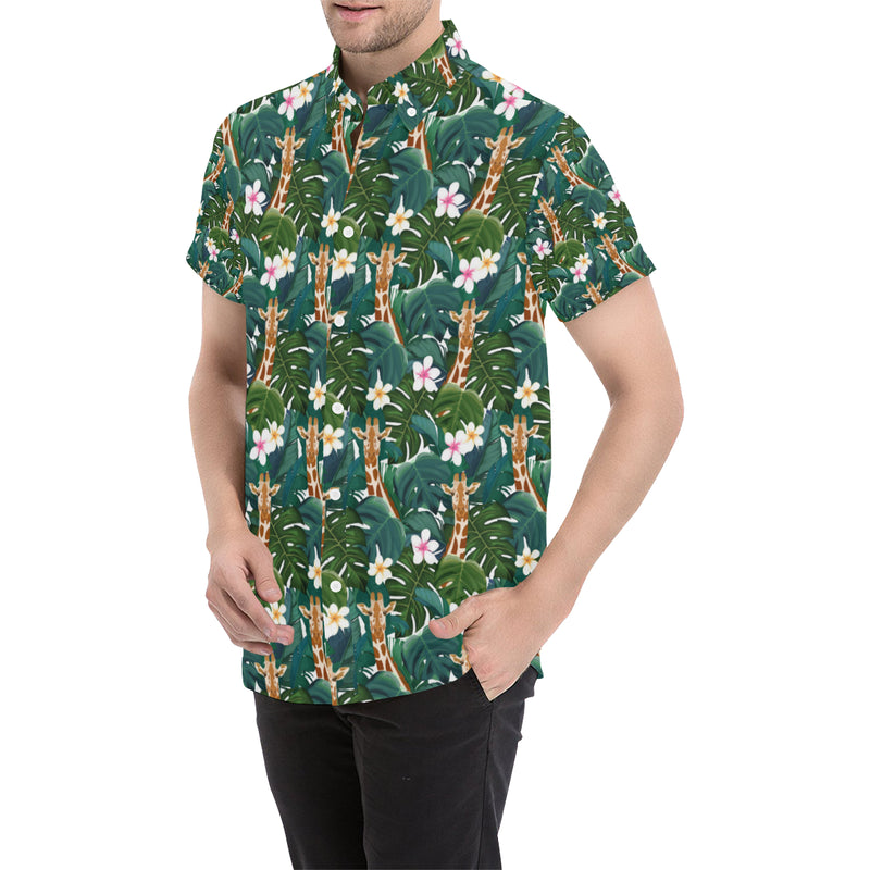 Giraffe Jungle Design Print Men's Short Sleeve Button Up Shirt