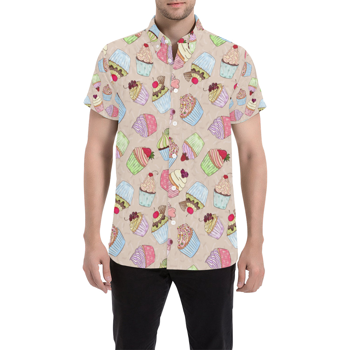 Cupcake Pattern Print Design CP06 Men's Short Sleeve Button Up Shirt