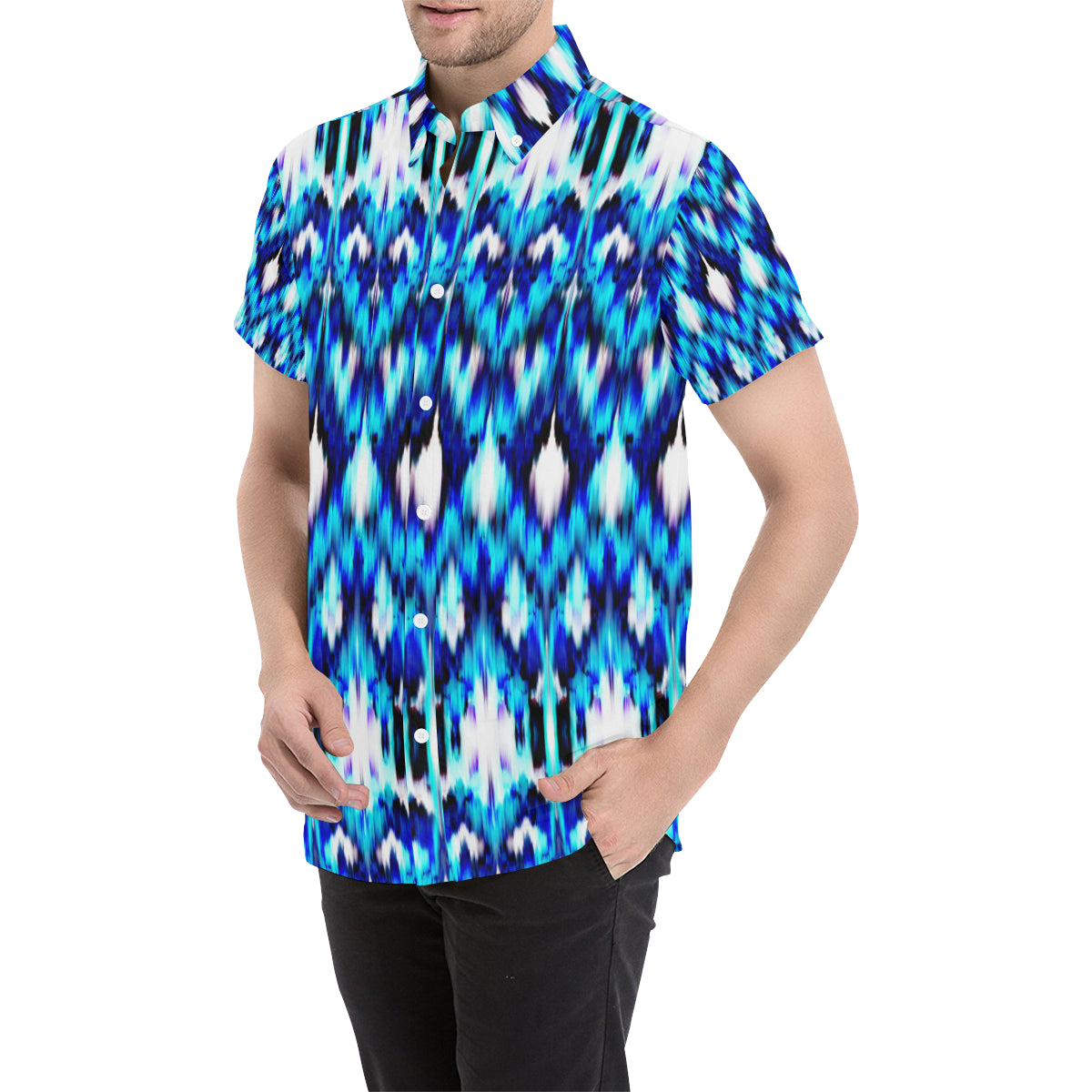 Ikat Blue Pattern Print Design 01 Men's Short Sleeve Button Up Shirt