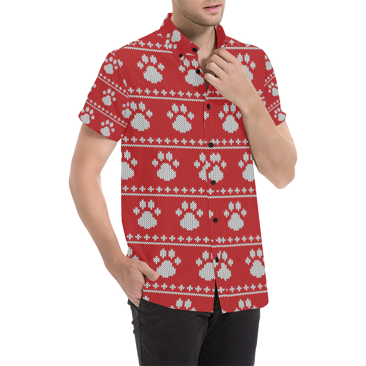Knit Paw Pattern Print Design 03 Men's Short Sleeve Button Up Shirt