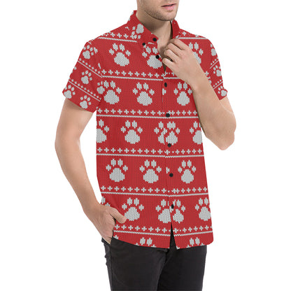 Knit Paw Pattern Print Design 03 Men's Short Sleeve Button Up Shirt