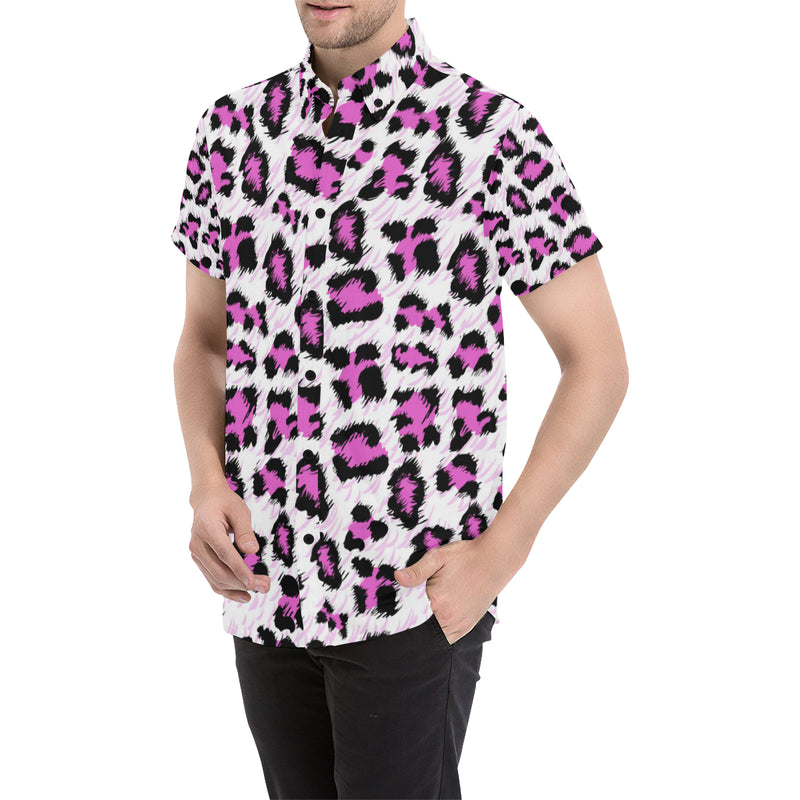 Leopard Pink Skin Print Men's Short Sleeve Button Up Shirt