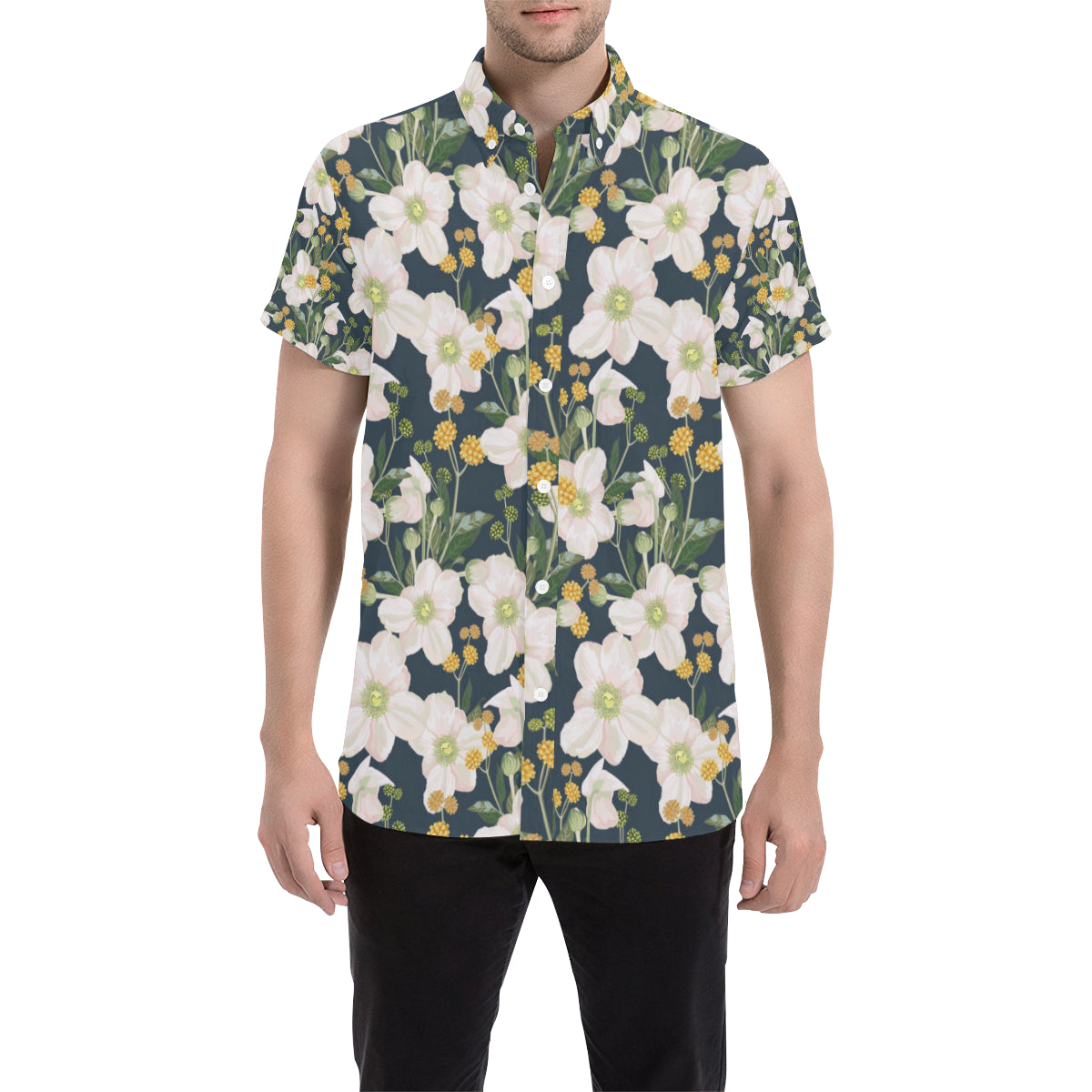 Anemone Pattern Print Design AM04 Men's Short Sleeve Button Up Shirt