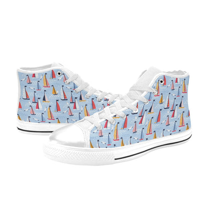 Sailboat Print Design LKS304 High Top Women's White Shoes