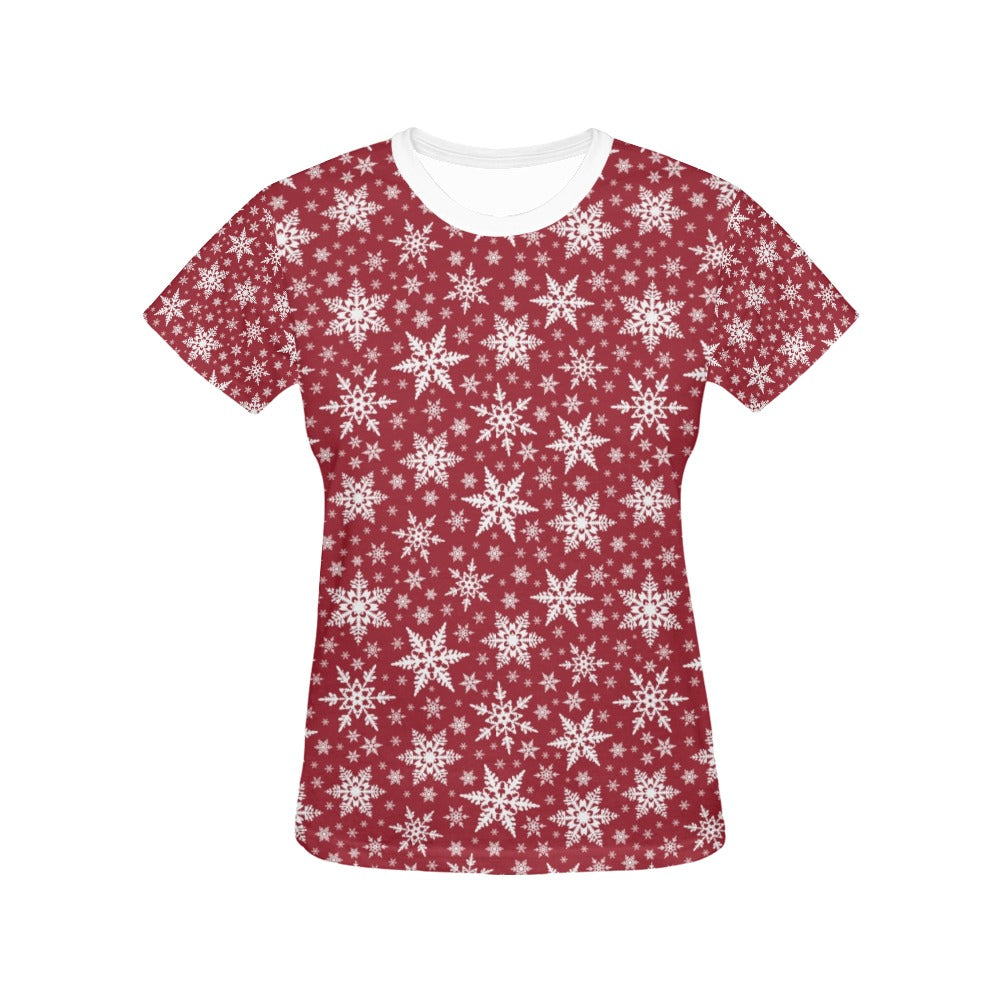 Snowflake Red Print Design LKS302 Women's  T-shirt