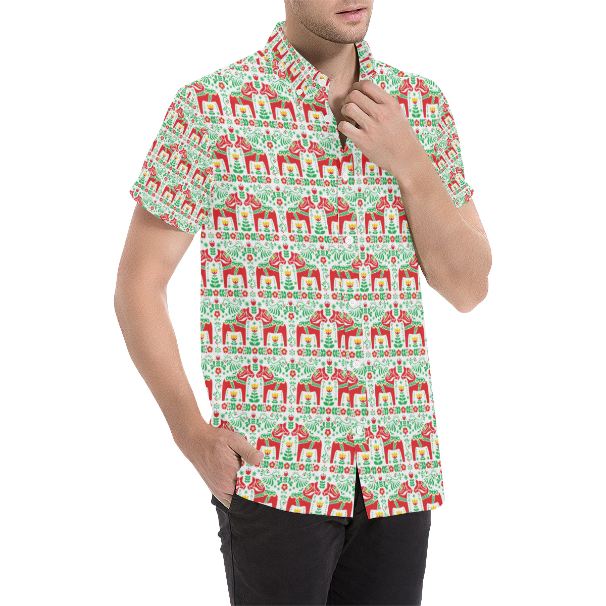 Swedish Dala Style Pattern Men's Short Sleeve Button Up Shirt